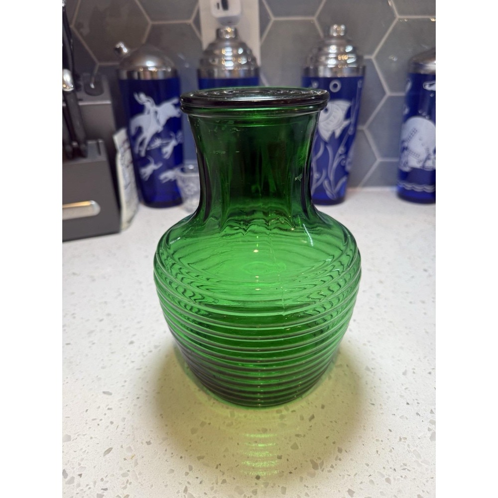 Anchor Hocking Forest Green Ribbed Water Bottle With HTF LID Mid Century Glass